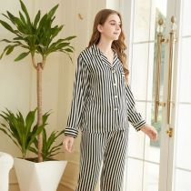 Fashion Black And White Bar Polyester Print Lapel Long -sleeved Long Pants Pajamas Set