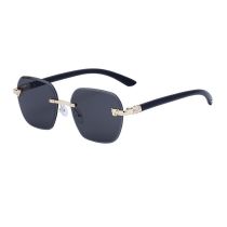 Fashion Black Wood Grain Gold All Gray Cut Edge Rimless Sunglasses