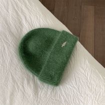 Fashion Forest Green Metal Label Rabbit Fur Knitted Beanie