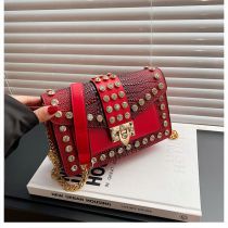 Fashion Red Riveted Large-capacity Lock Flap Cross-body Bag