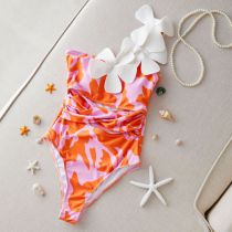 Fashion Pink Print + White Flower Polyester Printed One-shoulder Swimsuit