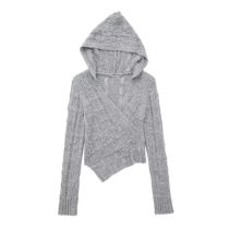 Fashion Grey Hooded Asymmetrical Knitted Sweater