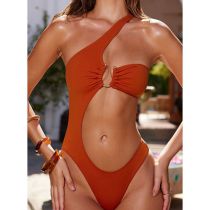 Fashion Sunset Orange Polyester One-shoulder Hollow One-piece Swimsuit