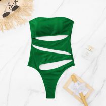 Fashion Green Polyester Vertical Pattern Hollow One-piece Swimsuit