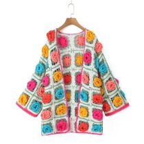 Fashion Color Polyester Three-dimensional Flower Crochet Sweater Jacket