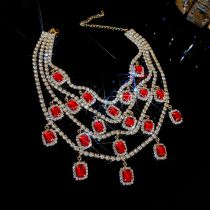 Fashion Necklace - Red Alloy Diamond Square Multi-layer Necklace