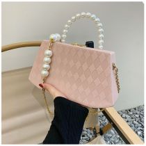 Fashion Light Pink Pu Diamond Pattern Pearl Hand Crossbody Bag
