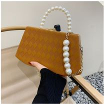 Fashion Brown Pu Diamond Pattern Pearl Hand Crossbody Bag