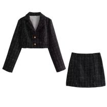 Fashion Black Polyester Slub Lapel Jacket And Skirt Suit