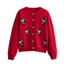 Fashion Red Three-dimensional Ball Jacquard Round Neck Knitted Cardigan