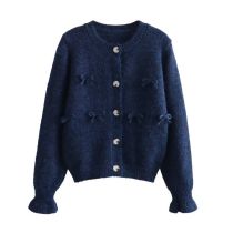 Fashion Navy Blue Bow Knitted Cardigan Jacket