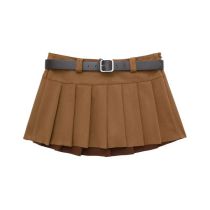 Fashion Brown Buckskin Belted Wide Pleated Culottes