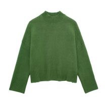 Fashion Green Ribbed Knit Stand Collar Sweater