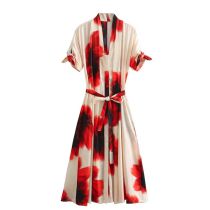Fashion Red Polyester Printed Lapel Tie Long Skirt