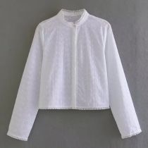 Fashion White Hollow Embroidered Stand Collar Shirt
