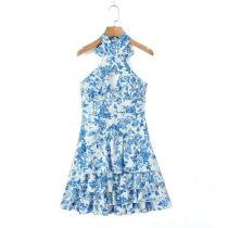 Fashion Blue Polyester Printed Halter Neck Layered Skirt