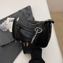 Fashion Black Pu Wide Shoulder Strap Large Capacity Crossbody Bag