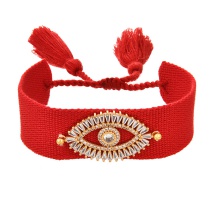 Fashion Red Copper Inlaid Zirconia Eyes Fabric Braided Tassel Bracelet