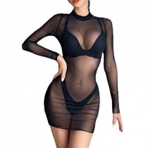 Fashion Black (excluding Underwear) Net See-through Long-sleeved Blouse
