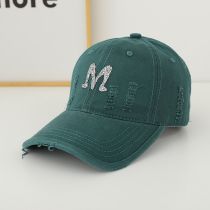 Fashion Dark Green Rhinestone Lettered Hole Baseball Cap