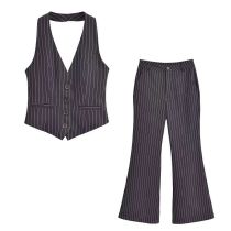 Fashion Stripe Polyester Halter Neck Striped Vest Wide Leg Trousers Suit