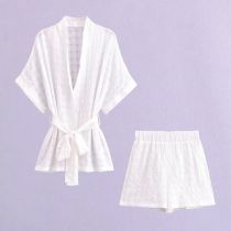 Fashion White Polyester Jacquard Lace-up Jacket And Shorts Set