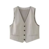 Fashion Grey Woven Buttoned Vest Jacket