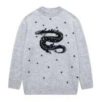 Fashion Grey Jacquard Crew Neck Pullover Knitted Sweater