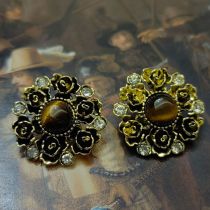 Fashion Brown Pair Geometric Diamond Flower Stud Earrings