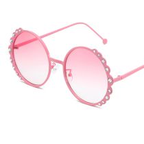 Fashion Pink Frame Gradually Pink Chip Metal Flower Frame Dot Diamond Round Frame Sunglasses
