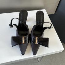 Fashion Black Satin Bow Metal Buckle Stiletto Sandals