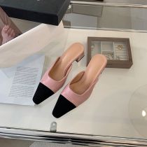 Fashion Pink Color Block Pointed Toe Block Heel Sandals
