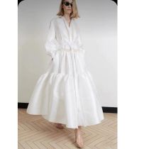 Fashion White Polyester Lapel Tie Long Skirt