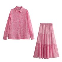 Fashion Pink Polyester Lapel Printed Shirt Skirt Suit