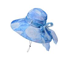 Fashion Blue Polyester Printed Lace-up Large Brim Bucket Hat