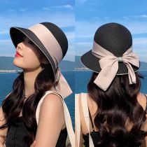 Fashion Black Straw Lace-up Bucket Hat