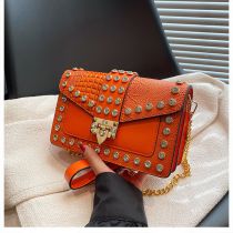 Fashion Orange Pu Diamond Studded Flap Textured Crossbody Bag
