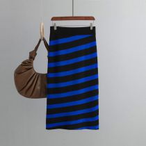 Fashion Blue Diagonal Striped Knitted Skirt