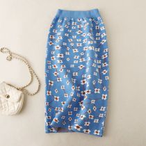 Fashion Sky Blue Core-spun Printed Knitted Skirt