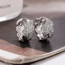 Fashion Silver Copper Inlaid Zirconium Leaf Round Earrings