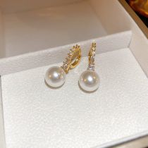 Fashion Earrings - Gold (real Gold Plating) Metal Diamond Pearl Hoop Earrings