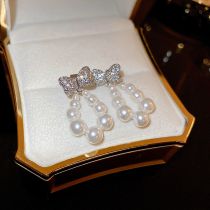 Fashion Bow Pearls Alloy Diamond Bow Pearl Earrings