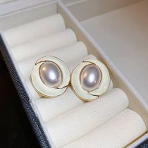 Fashion 56# Off-white Oval Alloy Geometric Oval Pearl Stud Earrings