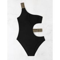 Fashion Black Polyester One-shoulder Hollow One-piece Swimsuit