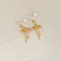 Fashion Gold Copper Bow Pearl Earrings