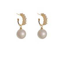 Fashion Gold-zirconia Hanging Pearl Earrings (thick Real Gold Plating) Copper Inlaid Zirconium Geometric Pearl Hoop Earrings
