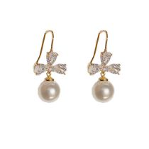 Fashion Gold-zircon Flower Pearl Ear Hooks (thick Real Gold Plating) Copper Inlaid Zirconium Geometric Pearl Earrings