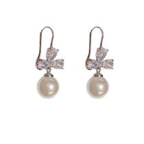 Fashion Silver - Zircon Flower Pearl Ear Hooks (thick Real Gold Plating) Copper Inlaid Zirconium Geometric Pearl Earrings