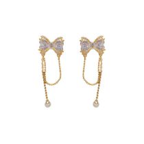 Fashion Gold - Bow Zircon Chain Tassel (thickened Real Gold Plating) Copper Diamond Bow Chain Tassel Earrings