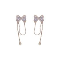 Fashion Silver - Bow Zircon Chain Tassel (thickened Real Gold Plating) Copper Diamond Bow Chain Tassel Earrings